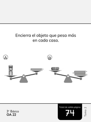 Ticket de salida página:
Tomo
2
3º Básico
OA 22
22 74
74
Encierra el objeto que pesa más
en cada caso.
A B
 