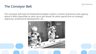 The Conveyor Belt
This conveyor belt style of ticket/task/complete creates a culture of pressure and urgency
where it feels impossible to catch up or get ahead, let alone spend time on strategic
objectives, professional development, etc.
 