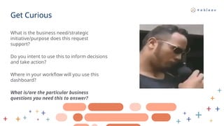 Get Curious
What is the business need/strategic
initiative/purpose does this request
support?
Do you intent to use this to inform decisions
and take action?
Where in your workflow will you use this
dashboard?
What is/are the particular business
questions you need this to answer?
 