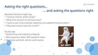 Asking the right questions…
Business Partners might say:
• “I want to monitor profit margin.”
• “What’s the situation on the East Coast?
• “I want to see if any customer segments are outperforming the others.”
• “How does revenue look this month?”
So you say:
• Questioning and analyzing ambiguity
• Write questions down. With question marks.
• Work back and forth. Ask for confirmation.
… and asking the questions right
 
