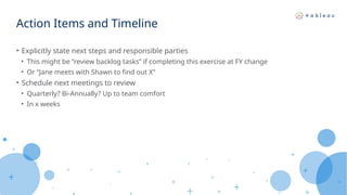 Action Items and Timeline
• Explicitly state next steps and responsible parties
• This might be “review backlog tasks” if completing this exercise at FY change
• Or “Jane meets with Shawn to find out X”
• Schedule next meetings to review
• Quarterly? Bi-Annually? Up to team comfort
• In x weeks
 