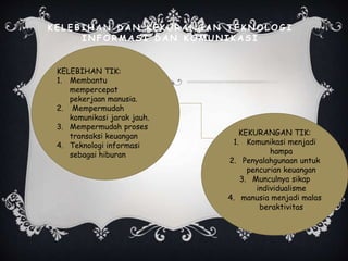 K E L E B I H A N D A N K E K U R A N G A N T E K N O L O G I
I N F O R M A S I D A N K O M U N I K A S I
KELEBIHAN TIK:
1. Membantu
mempercepat
pekerjaan manusia.
2. Mempermudah
komunikasi jarak jauh.
3. Mempermudah proses
transaksi keuangan
4. Teknologi informasi
sebagai hiburan
KEKURANGAN TIK:
1. Komunikasi menjadi
hampa
2. Penyalahgunaan untuk
pencurian keuangan
3. Munculnya sikap
individualisme
4. manusia menjadi malas
beraktivitas
 
