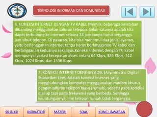 6. KONEKSI INTERNET DENGAN TV KABEL Memilki beberapa kelebihan
dibanding menggunakan saluran telepon. Salah satunya adalah kita
dapat terhubung ke internet selama 24 jam tanpa harus terganggu
jam sibuk telepon. Di pasaran, kita bisa menemui dua jenis layanan,
yaitu berlangganan internet tanpa harus berlangganan TV kabel dan
berlangganan keduanya sekaligus.Koneksi internet dengan TV kabel
mempunyai variasi kecepatan akses antara 64 Kbps, 384 Kbps, 512
Kbps, 1024 Kbps, dan 1536 Kbps
7. KONEKSI INTERNET DENGAN ADSL (Asymmetric Digital
Subscriber Line) Adalah koneksi internet yang
menghubungkan komputer menggunakan modem khusus
dengan saluran telepon biasa (rumah), seperti pada koneksi
dial up tapi pada frekwensi yang berbeda. Sehingga
keuntungannya, line telepon rumah tidak terganggu.
TEKNOLOGI INFORMASI DAN KOMUNIKASI
SK & KD INDIKATOR MATERI SOAL KUNCI JAWABAN
 