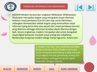 MODEM Modem berasal dari singkatan MOdulator DEModulator.
Modulator merupakan bagian yang mengubah sinyal informasi
kedalam sinyal pembawa (Carrier) dan siap untuk dikirimkan,
sedangkan Demodulator adalah bagian yang memisahkan sinyal
informasi (yang berisi data atau pesan) dari sinyal pembawa (carrier)
yang diterima sehingga informasi tersebut dapat diterima dengan
baik. Secara singkatnya, modem merupakan alat untuk mengubah
sinyal digital komputer menjadi sinyal analog dan sebaliknya.
Berdasarkan fungsinya modem dibagi menjai tiga jenis. Antara lain:
1. Modem Dial Up ( Internal/Eksternal/Cable
Modem/Modem ADSL) Modem berfungsi
untuk mengubah gelombang analog menjadi
sinyal digital menjadi gelombang analog dari
kabel telepon sehingga komputer dapat
terkoneksi dengan internet
TEKNOLOGI INFORMASI DAN KOMUNIKASI
SK & KD INDIKATOR MATERI SOAL KUNCI JAWABAN
 