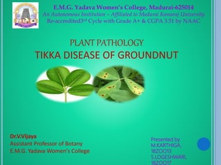 Presented by
M.KARTHIGA,
18ZOO13
S.LOGESHWARI,
18ZOO17
PLANT PATHOLOGY
TIKKA DISEASE OF GROUNDNUT
E.M.G. Yadava Women’s College, Madurai-625014
An Autonomous Institution – Affiliated to Madurai Kamaraj University
Re-accredited3rd Cycle with Grade A+ & CGPA 3.51 by NAAC
Dr.V.Vijaya
Assistant Professor of Botany
E.M.G. Yadava Women's College
 