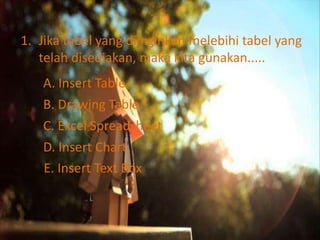1. Jika tabel yang diinginkan melebihi tabel yang 
telah disediakan, maka kita gunakan..... 
A. Insert Table 
B. Drawing Table 
C. Excel Spreadsheet 
D. Insert Chart 
E. Insert Text Box 
 