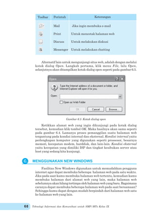 Teknologi Informasi dan Komunikasi untuk SMP/MTs Kelas IX68
Alternatif lain untuk mengunjungi situs web, adalah dengan melalui
kotak dialog Open. Langkah pertama, klik menu File, lalu Open,
selanjutnya akan ditampilkan kotak dialog open seperti pada gambar 6.5.
Gambar 6.5 Kotak dialog open
Ketikkan alamat web yang ingin dikunjungi pada kotak dialog
tersebut, kemudian klik tombol OK. Maka hasilnya akan sama seperti
pada gambar 6.4. Lamanya proses pemanggilan suatu halaman web
tergantung pada kondisi internal dan eksternal. Kondisi internal yaitu
perlengkapan komputer yang digunakan seperti prossesor, besarnya
memori, kecepatan modem, harddisk, dan lain-lain. Kondisi eksternal
yaitu kecepatan yang dimiliki ISP dan tingkat kesibukan server atau
host yang sedang kita kunjungi.
Fasilitas New Windows digunakan untuk memudahkan pengguna
internet agar dapat membuka beberapa halaman web pada satu waktu.
Jika pada saat kamu membuka halaman web tertentu, kemudian kamu
membuka halaman dari alamat web yang lain, maka halaman web
sebelumnya akan hilang tertimpa oleh halaman web yang baru. Bagaimana
caranya dapat membuka beberapa halaman web pada saat bersamaan?
Sehingga kamu dapat dengan mudah berpindah dari halaman web satu
ke halaman web yang lain.
Toolbar KeteranganPerintah
Mail Jika ingin membuka e-mail
Print Untuk mencetak halaman web
Discuss Untuk melakukan diskusi
Messenger Untuk melakukan chatting
C. MENGGUNAKAN NEW WINDOWS
 
