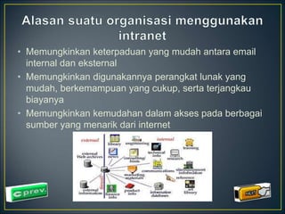 • Memungkinkan keterpaduan yang mudah antara email 
internal dan eksternal 
• Memungkinkan digunakannya perangkat lunak yang 
mudah, berkemampuan yang cukup, serta terjangkau 
biayanya 
• Memungkinkan kemudahan dalam akses pada berbagai 
sumber yang menarik dari internet 
 