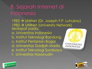 1. 1983  UNINet (Dr. Joseph F.P. Luhukay) 
1983  UNINet (University Network) 
terdapat pada: 
a. Universitas Indonesia 
b. Institut Teknologi Bandung 
c. Institut Pertanian Bogor 
d. Universitas Gadjah Mada 
e. Institut Teknologi Surabaya 
f. Universitas Hasanudin 
 