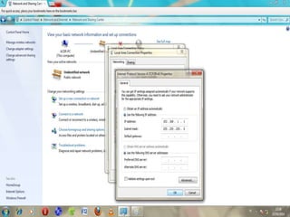 8. Isilah “IP Address” dan “Subnet Mask”
Untuk komputer 1 klik “192.168.1.1” dan untuk
komputer 2 klik “192.168.1.2”
 