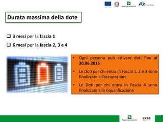  3 mesi per la fascia 1
 6 mesi per la fascia 2, 3 e 4
11
• Ogni persona può attivare doti fino al
30.06.2015
• Le Doti per chi entra in Fascia 1, 2 e 3 sono
finalizzate all’occupazione
• Le Doti per chi entra in Fascia 4 sono
finalizzate alla riqualificazione
Durata massima della dote
 