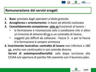 Remunerazione dei servizi erogati
1. Base: prestata dagli operatori a titolo gratuito
2. Accoglienza e orientamento: in base ad attività realizzata
3. Consolidamento competenze: solo se funzionali al lavoro :
• la formazione è riconosciuta solo a condizione che si attivi
un tirocinio di almeno 60 gg o un contratto di lavoro.
• soggetti più difficili da collocare - Fascia 3 - e per la Fascia
4 la formazione è sempre ammessa
4. Inserimento lavorativo: contratto di lavoro non inferiore a 180
gg, anche non continuativi e con aziende diverse.
Servizi di autoimprenditorialità: solo dopo iscrizione alla
CCIAA e/o apertura di partita IVA coerente con il business plan.
 
