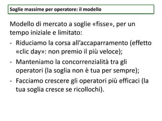 Modello di mercato a soglie «fisse», per un
tempo iniziale e limitato:
- Riduciamo la corsa all’accaparramento (effetto
«clic day»: non premio il più veloce);
- Manteniamo la concorrenzialità tra gli
operatori (la soglia non è tua per sempre);
- Facciamo crescere gli operatori più efficaci (la
tua soglia cresce se ricollochi).
Soglie massime per operatore: il modello
 