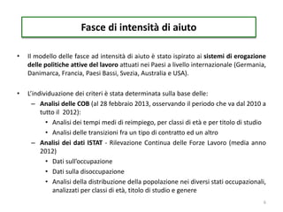 • Il modello delle fasce ad intensità di aiuto è stato ispirato ai sistemi di erogazione
delle politiche attive del lavoro attuati nei Paesi a livello internazionale (Germania,
Danimarca, Francia, Paesi Bassi, Svezia, Australia e USA).
• L’individuazione dei criteri è stata determinata sulla base delle:
– Analisi delle COB (al 28 febbraio 2013, osservando il periodo che va dal 2010 a
tutto il 2012):
• Analisi dei tempi medi di reimpiego, per classi di età e per titolo di studio
• Analisi delle transizioni fra un tipo di contratto ed un altro
– Analisi dei dati ISTAT - Rilevazione Continua delle Forze Lavoro (media anno
2012)
• Dati sull’occupazione
• Dati sulla disoccupazione
• Analisi della distribuzione della popolazione nei diversi stati occupazionali,
analizzati per classi di età, titolo di studio e genere
6
Fasce di intensità di aiuto
 