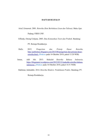 DAFTAR RUJUKAN
Arief, Ermawati. 2001. Retorika (Seni Berbahasa Lisan dan Tulisan). Buku Ajar.
Padang: FBSS UNP.
Effendy, Onong Uchjana. 2005. Ilmu Komunikasi Teori dan Praktek. Bandung:
PT. Remaja Rosdakarya.
Hafiz. 2015. Pengertian dan Prinsip Dasar Retorika.
http://publottery.blogspot.com/2015/08/pengertian-dan-prinsip-dasar-
retorika.html. (Diakses pada 16 Oktober 2018, pukul 13.20 WIB)
Imran, Adli Abi. 2015. Makalah Retorika Bahasa Indonesia.
https://blogmateri.wordpress.com/2015/02/12/makalah-retorika-bahasa-
indonesia/. (Diakses pada 16 Oktober 2018, pukul 14.51 WIB)
Rakhmat, Jalaluddin. 2014. Retorika Modern: Pendekatan Praktis. Bandung: PT.
Remaja Rosdakarya.
13
 