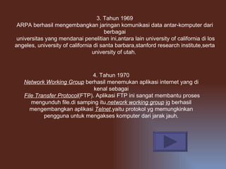 3.  Tahun 1969 ARPA berhasil mengembangkan jaringan komunikasi data antar-komputer dari berbagai universitas yang mendanai penelitian ini,antara lain university of california di los angeles, university of california di santa barbara,stanford research institute,serta university of utah.  4.  Tahun 1970 Network Working Group  berhasil menemukan aplikasi internet yang di kenal sebagai File Transfer Protocol (FTP). Aplikasi FTP ini sangat membantu proses mengunduh file.di samping itu, network working group  jg berhasil mengembangkan aplikasi  Telnet ,yaitu protokol yg memungkinkan pengguna untuk mengakses komputer dari jarak jauh. 