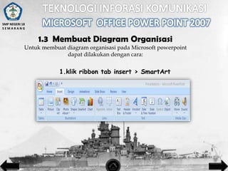 SMP NEGERI 18
SEMARANG

1.3 Membuat Diagram Organisasi
Untuk membuat diagram organisasi pada Microsoft powerpoint
dapat dilakukan dengan cara:

1.klik ribbon tab insert > SmartArt

 