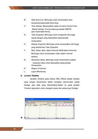 84
B : Safe Zone icon. Berfungsi untuk menampilkan atau
menyembunyikanSafe Zone Area.
C : Time Display. Menampilkan waktu di mana Current-Time
Marker berada. Format waktunya adalah SMPTE
(jam:menit:detik:frame).
D : Take Snapshot. Berfungsi untuk mengambil still image
sesuai dengan yang ditampilkan pada jendela
Composition.
E : Display Snapshot. Berfungsi untuk menampilkan still image
yang diambil dari Take Snapshot.
F : Red, Green, Blue, Alpha Channel (RGB Alpha Channel).
Berfungsi untuk menampilkan video dalam channel
tertentu.
G : Resolution Menu. Berfungsi untuk menentukan kualitas
(resolusi) video untuk ditampilkan pada jendela
Composition.
H : Region of Interest.
L : Layer Wireframes.
4) Jendela Timeline
Jendela Timeline pada Adobe After Effects adalah fasilitas
yang sangat menentukan dalam mengatur pemunculan setiap
footage atau efek yang ditambahkan.Selain itu pada jendela
Timeline digunakan untuk mengatur posisi dari setiap layer footage.
Gambar 5.4. Jendela Timeline
5) Layer
84
B : Safe Zone icon. Berfungsi untuk menampilkan atau
menyembunyikanSafe Zone Area.
C : Time Display. Menampilkan waktu di mana Current-Time
Marker berada. Format waktunya adalah SMPTE
(jam:menit:detik:frame).
D : Take Snapshot. Berfungsi untuk mengambil still image
sesuai dengan yang ditampilkan pada jendela
Composition.
E : Display Snapshot. Berfungsi untuk menampilkan still image
yang diambil dari Take Snapshot.
F : Red, Green, Blue, Alpha Channel (RGB Alpha Channel).
Berfungsi untuk menampilkan video dalam channel
tertentu.
G : Resolution Menu. Berfungsi untuk menentukan kualitas
(resolusi) video untuk ditampilkan pada jendela
Composition.
H : Region of Interest.
L : Layer Wireframes.
4) Jendela Timeline
Jendela Timeline pada Adobe After Effects adalah fasilitas
yang sangat menentukan dalam mengatur pemunculan setiap
footage atau efek yang ditambahkan.Selain itu pada jendela
Timeline digunakan untuk mengatur posisi dari setiap layer footage.
Gambar 5.4. Jendela Timeline
5) Layer
84
B : Safe Zone icon. Berfungsi untuk menampilkan atau
menyembunyikanSafe Zone Area.
C : Time Display. Menampilkan waktu di mana Current-Time
Marker berada. Format waktunya adalah SMPTE
(jam:menit:detik:frame).
D : Take Snapshot. Berfungsi untuk mengambil still image
sesuai dengan yang ditampilkan pada jendela
Composition.
E : Display Snapshot. Berfungsi untuk menampilkan still image
yang diambil dari Take Snapshot.
F : Red, Green, Blue, Alpha Channel (RGB Alpha Channel).
Berfungsi untuk menampilkan video dalam channel
tertentu.
G : Resolution Menu. Berfungsi untuk menentukan kualitas
(resolusi) video untuk ditampilkan pada jendela
Composition.
H : Region of Interest.
L : Layer Wireframes.
4) Jendela Timeline
Jendela Timeline pada Adobe After Effects adalah fasilitas
yang sangat menentukan dalam mengatur pemunculan setiap
footage atau efek yang ditambahkan.Selain itu pada jendela
Timeline digunakan untuk mengatur posisi dari setiap layer footage.
Gambar 5.4. Jendela Timeline
5) Layer
 