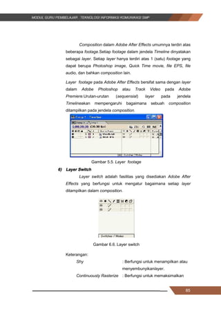 85
Composition dalam Adobe After Effects umumnya terdiri atas
beberapa footage.Setiap footage dalam jendela Timeline dinyatakan
sebagai layer. Setiap layer hanya terdiri atas 1 (satu) footage yang
dapat berupa Photoshop image, Quick Time movie, file EPS, file
audio, dan bahkan composition lain.
Layer footage pada Adobe After Effects bersifat sama dengan layer
dalam Adobe Photoshop atau Track Video pada Adobe
Premiere.Urutan-urutan (sequensial) layer pada jendela
Timelineakan mempengaruhi bagaimana sebuah composition
ditampilkan pada jendela composition.
Gambar 5.5. Layer footage
6) Layer Switch
Layer switch adalah fasilitas yang disediakan Adobe After
Effects yang berfungsi untuk mengatur bagaimana setiap layer
ditampilkan dalam composition.
Gambar 6.6. Layer switch
Keterangan:
Shy : Berfungsi untuk menampilkan atau
menyembunyikanlayer.
Continuously Rasterize : Berfungsi untuk memaksimalkan
85
Composition dalam Adobe After Effects umumnya terdiri atas
beberapa footage.Setiap footage dalam jendela Timeline dinyatakan
sebagai layer. Setiap layer hanya terdiri atas 1 (satu) footage yang
dapat berupa Photoshop image, Quick Time movie, file EPS, file
audio, dan bahkan composition lain.
Layer footage pada Adobe After Effects bersifat sama dengan layer
dalam Adobe Photoshop atau Track Video pada Adobe
Premiere.Urutan-urutan (sequensial) layer pada jendela
Timelineakan mempengaruhi bagaimana sebuah composition
ditampilkan pada jendela composition.
Gambar 5.5. Layer footage
6) Layer Switch
Layer switch adalah fasilitas yang disediakan Adobe After
Effects yang berfungsi untuk mengatur bagaimana setiap layer
ditampilkan dalam composition.
Gambar 6.6. Layer switch
Keterangan:
Shy : Berfungsi untuk menampilkan atau
menyembunyikanlayer.
Continuously Rasterize : Berfungsi untuk memaksimalkan
85
Composition dalam Adobe After Effects umumnya terdiri atas
beberapa footage.Setiap footage dalam jendela Timeline dinyatakan
sebagai layer. Setiap layer hanya terdiri atas 1 (satu) footage yang
dapat berupa Photoshop image, Quick Time movie, file EPS, file
audio, dan bahkan composition lain.
Layer footage pada Adobe After Effects bersifat sama dengan layer
dalam Adobe Photoshop atau Track Video pada Adobe
Premiere.Urutan-urutan (sequensial) layer pada jendela
Timelineakan mempengaruhi bagaimana sebuah composition
ditampilkan pada jendela composition.
Gambar 5.5. Layer footage
6) Layer Switch
Layer switch adalah fasilitas yang disediakan Adobe After
Effects yang berfungsi untuk mengatur bagaimana setiap layer
ditampilkan dalam composition.
Gambar 6.6. Layer switch
Keterangan:
Shy : Berfungsi untuk menampilkan atau
menyembunyikanlayer.
Continuously Rasterize : Berfungsi untuk memaksimalkan
 