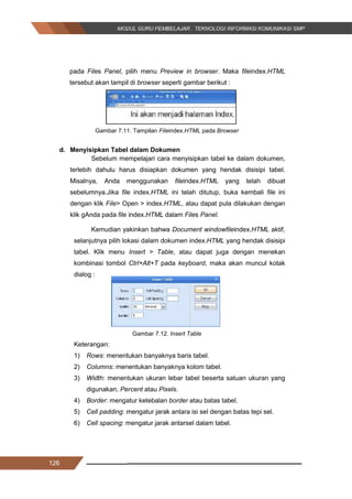 126
pada Files Panel, pilih menu Preview in browser. Maka fileindex.HTML
tersebut akan tampil di browser seperti gambar berikut :
Gambar 7.11. Tampilan Fileindex.HTML pada Browser
d. Menyisipkan Tabel dalam Dokumen
Sebelum mempelajari cara menyisipkan tabel ke dalam dokumen,
terlebih dahulu harus disiapkan dokumen yang hendak disisipi tabel.
Misalnya, Anda menggunakan fileindex.HTML yang telah dibuat
sebelumnya.Jika file index.HTML ini telah ditutup, buka kembali file ini
dengan klik File> Open > index.HTML, atau dapat pula dilakukan dengan
klik gAnda pada file index.HTML dalam Files Panel.
Kemudian yakinkan bahwa Document windowfileindex.HTML aktif,
selanjutnya pilih lokasi dalam dokumen index.HTML yang hendak disisipi
tabel. Klik menu Insert > Table, atau dapat juga dengan menekan
kombinasi tombol Ctrl+Alt+T pada keyboard, maka akan muncul kotak
dialog :
Gambar 7.12. Insert Table
Keterangan:
1) Rows: menentukan banyaknya baris tabel.
2) Columns: menentukan banyaknya kolom tabel.
3) Width: menentukan ukuran lebar tabel beserta satuan ukuran yang
digunakan, Percent atau Pixels.
4) Border: mengatur ketebalan border atau batas tabel.
5) Cell padding: mengatur jarak antara isi sel dengan batas tepi sel.
6) Cell spacing: mengatur jarak antarsel dalam tabel.
126
pada Files Panel, pilih menu Preview in browser. Maka fileindex.HTML
tersebut akan tampil di browser seperti gambar berikut :
Gambar 7.11. Tampilan Fileindex.HTML pada Browser
d. Menyisipkan Tabel dalam Dokumen
Sebelum mempelajari cara menyisipkan tabel ke dalam dokumen,
terlebih dahulu harus disiapkan dokumen yang hendak disisipi tabel.
Misalnya, Anda menggunakan fileindex.HTML yang telah dibuat
sebelumnya.Jika file index.HTML ini telah ditutup, buka kembali file ini
dengan klik File> Open > index.HTML, atau dapat pula dilakukan dengan
klik gAnda pada file index.HTML dalam Files Panel.
Kemudian yakinkan bahwa Document windowfileindex.HTML aktif,
selanjutnya pilih lokasi dalam dokumen index.HTML yang hendak disisipi
tabel. Klik menu Insert > Table, atau dapat juga dengan menekan
kombinasi tombol Ctrl+Alt+T pada keyboard, maka akan muncul kotak
dialog :
Gambar 7.12. Insert Table
Keterangan:
1) Rows: menentukan banyaknya baris tabel.
2) Columns: menentukan banyaknya kolom tabel.
3) Width: menentukan ukuran lebar tabel beserta satuan ukuran yang
digunakan, Percent atau Pixels.
4) Border: mengatur ketebalan border atau batas tabel.
5) Cell padding: mengatur jarak antara isi sel dengan batas tepi sel.
6) Cell spacing: mengatur jarak antarsel dalam tabel.
126
pada Files Panel, pilih menu Preview in browser. Maka fileindex.HTML
tersebut akan tampil di browser seperti gambar berikut :
Gambar 7.11. Tampilan Fileindex.HTML pada Browser
d. Menyisipkan Tabel dalam Dokumen
Sebelum mempelajari cara menyisipkan tabel ke dalam dokumen,
terlebih dahulu harus disiapkan dokumen yang hendak disisipi tabel.
Misalnya, Anda menggunakan fileindex.HTML yang telah dibuat
sebelumnya.Jika file index.HTML ini telah ditutup, buka kembali file ini
dengan klik File> Open > index.HTML, atau dapat pula dilakukan dengan
klik gAnda pada file index.HTML dalam Files Panel.
Kemudian yakinkan bahwa Document windowfileindex.HTML aktif,
selanjutnya pilih lokasi dalam dokumen index.HTML yang hendak disisipi
tabel. Klik menu Insert > Table, atau dapat juga dengan menekan
kombinasi tombol Ctrl+Alt+T pada keyboard, maka akan muncul kotak
dialog :
Gambar 7.12. Insert Table
Keterangan:
1) Rows: menentukan banyaknya baris tabel.
2) Columns: menentukan banyaknya kolom tabel.
3) Width: menentukan ukuran lebar tabel beserta satuan ukuran yang
digunakan, Percent atau Pixels.
4) Border: mengatur ketebalan border atau batas tabel.
5) Cell padding: mengatur jarak antara isi sel dengan batas tepi sel.
6) Cell spacing: mengatur jarak antarsel dalam tabel.
 