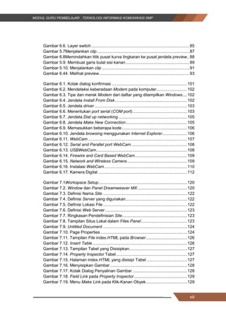 xiii
Gambar 6.6. Layer switch...................................................................................85
Gambar 5.7Menjalankan clip ..............................................................................87
Gambar 6.8Memindahkan titik pusat kurva lingkaran ke pusat jendela preview..88
Gambar 5.9. Membuat garis bulat sisi kanan......................................................89
Gambar 5.10. Menjalankan clip ..........................................................................91
Gambar 6.44. Melihat preview............................................................................93
Gambar 6.1. Kotak dialog konfirmasi................................................................101
Gambar 6.2. Mendeteksi keberadaan Modem pada komputer..........................102
Gambar 6.3. Tipe dan merek Modem dari daftar yang ditampilkan Windows....102
Gambar 6.4. Jendela Install From Disk.............................................................102
Gambar 6.5. Jendela driver ..............................................................................103
Gambar 6.6. Menentukan port serial (COM port)..............................................103
Gambar 6.7. Jendela Dial up networking ..........................................................105
Gambar 6.8. Jendela Make New Connection....................................................105
Gambar 6.9. Memasukkan beberapa kode.......................................................106
Gambar 6.10. Jendela browsing menggunakan Internet Explorer.....................106
Gambar 6.11. WebCam....................................................................................107
Gambar 6.12. Serial and Parallel port WebCam ...............................................108
Gambar 6.13. USBWebCam.............................................................................108
Gambar 6.14. Firewire and Card Based WebCam............................................109
Gambar 6.15. Network and Wireless Camera...................................................109
Gambar 6.16. Instalasi WebCam......................................................................110
Gambar 6.17. Kamera Digital ...........................................................................112
Gambar 7.1Workspace Setup...........................................................................120
Gambar 7.2. Window dan Panel Dreamweaver MX..........................................120
Gambar 7.3. Definisi Nama Site .......................................................................122
Gambar 7.4. Definisi Server yang digunakan....................................................122
Gambar 7.5. Definisi Lokasi File .......................................................................122
Gambar 7.6. Definisi Web Server .....................................................................123
Gambar 7.7. Ringkasan Pendefinisian Site.......................................................123
Gambar 7.8. Tampilan Situs Lokal dalam Files Panel.......................................123
Gambar 7.9. Untitled Document .......................................................................124
Gambar 7.10. Page Properties .........................................................................124
Gambar 7.11. Tampilan File index.HTML pada Browser...................................126
Gambar 7.12. Insert Table................................................................................126
Gambar 7.13. Tampilan Tabel yang Disisipkan.................................................127
Gambar 7.14. Property Inspector Tabel............................................................127
Gambar 7.15. Halaman index.HTML yang disisipi Tabel ..................................127
Gambar 7.16. Menyisipkan Gambar .................................................................128
Gambar 7.17. Kotak Dialog Penyalinan Gambar ..............................................128
Gambar 7.18. Field Link pada Property Inspector.............................................129
Gambar 7.19. Menu Make Link pada Klik-Kanan Obyek...................................129
xiii
Gambar 6.6. Layer switch...................................................................................85
Gambar 5.7Menjalankan clip ..............................................................................87
Gambar 6.8Memindahkan titik pusat kurva lingkaran ke pusat jendela preview..88
Gambar 5.9. Membuat garis bulat sisi kanan......................................................89
Gambar 5.10. Menjalankan clip ..........................................................................91
Gambar 6.44. Melihat preview............................................................................93
Gambar 6.1. Kotak dialog konfirmasi................................................................101
Gambar 6.2. Mendeteksi keberadaan Modem pada komputer..........................102
Gambar 6.3. Tipe dan merek Modem dari daftar yang ditampilkan Windows....102
Gambar 6.4. Jendela Install From Disk.............................................................102
Gambar 6.5. Jendela driver ..............................................................................103
Gambar 6.6. Menentukan port serial (COM port)..............................................103
Gambar 6.7. Jendela Dial up networking ..........................................................105
Gambar 6.8. Jendela Make New Connection....................................................105
Gambar 6.9. Memasukkan beberapa kode.......................................................106
Gambar 6.10. Jendela browsing menggunakan Internet Explorer.....................106
Gambar 6.11. WebCam....................................................................................107
Gambar 6.12. Serial and Parallel port WebCam ...............................................108
Gambar 6.13. USBWebCam.............................................................................108
Gambar 6.14. Firewire and Card Based WebCam............................................109
Gambar 6.15. Network and Wireless Camera...................................................109
Gambar 6.16. Instalasi WebCam......................................................................110
Gambar 6.17. Kamera Digital ...........................................................................112
Gambar 7.1Workspace Setup...........................................................................120
Gambar 7.2. Window dan Panel Dreamweaver MX..........................................120
Gambar 7.3. Definisi Nama Site .......................................................................122
Gambar 7.4. Definisi Server yang digunakan....................................................122
Gambar 7.5. Definisi Lokasi File .......................................................................122
Gambar 7.6. Definisi Web Server .....................................................................123
Gambar 7.7. Ringkasan Pendefinisian Site.......................................................123
Gambar 7.8. Tampilan Situs Lokal dalam Files Panel.......................................123
Gambar 7.9. Untitled Document .......................................................................124
Gambar 7.10. Page Properties .........................................................................124
Gambar 7.11. Tampilan File index.HTML pada Browser...................................126
Gambar 7.12. Insert Table................................................................................126
Gambar 7.13. Tampilan Tabel yang Disisipkan.................................................127
Gambar 7.14. Property Inspector Tabel............................................................127
Gambar 7.15. Halaman index.HTML yang disisipi Tabel ..................................127
Gambar 7.16. Menyisipkan Gambar .................................................................128
Gambar 7.17. Kotak Dialog Penyalinan Gambar ..............................................128
Gambar 7.18. Field Link pada Property Inspector.............................................129
Gambar 7.19. Menu Make Link pada Klik-Kanan Obyek...................................129
xiii
Gambar 6.6. Layer switch...................................................................................85
Gambar 5.7Menjalankan clip ..............................................................................87
Gambar 6.8Memindahkan titik pusat kurva lingkaran ke pusat jendela preview..88
Gambar 5.9. Membuat garis bulat sisi kanan......................................................89
Gambar 5.10. Menjalankan clip ..........................................................................91
Gambar 6.44. Melihat preview............................................................................93
Gambar 6.1. Kotak dialog konfirmasi................................................................101
Gambar 6.2. Mendeteksi keberadaan Modem pada komputer..........................102
Gambar 6.3. Tipe dan merek Modem dari daftar yang ditampilkan Windows....102
Gambar 6.4. Jendela Install From Disk.............................................................102
Gambar 6.5. Jendela driver ..............................................................................103
Gambar 6.6. Menentukan port serial (COM port)..............................................103
Gambar 6.7. Jendela Dial up networking ..........................................................105
Gambar 6.8. Jendela Make New Connection....................................................105
Gambar 6.9. Memasukkan beberapa kode.......................................................106
Gambar 6.10. Jendela browsing menggunakan Internet Explorer.....................106
Gambar 6.11. WebCam....................................................................................107
Gambar 6.12. Serial and Parallel port WebCam ...............................................108
Gambar 6.13. USBWebCam.............................................................................108
Gambar 6.14. Firewire and Card Based WebCam............................................109
Gambar 6.15. Network and Wireless Camera...................................................109
Gambar 6.16. Instalasi WebCam......................................................................110
Gambar 6.17. Kamera Digital ...........................................................................112
Gambar 7.1Workspace Setup...........................................................................120
Gambar 7.2. Window dan Panel Dreamweaver MX..........................................120
Gambar 7.3. Definisi Nama Site .......................................................................122
Gambar 7.4. Definisi Server yang digunakan....................................................122
Gambar 7.5. Definisi Lokasi File .......................................................................122
Gambar 7.6. Definisi Web Server .....................................................................123
Gambar 7.7. Ringkasan Pendefinisian Site.......................................................123
Gambar 7.8. Tampilan Situs Lokal dalam Files Panel.......................................123
Gambar 7.9. Untitled Document .......................................................................124
Gambar 7.10. Page Properties .........................................................................124
Gambar 7.11. Tampilan File index.HTML pada Browser...................................126
Gambar 7.12. Insert Table................................................................................126
Gambar 7.13. Tampilan Tabel yang Disisipkan.................................................127
Gambar 7.14. Property Inspector Tabel............................................................127
Gambar 7.15. Halaman index.HTML yang disisipi Tabel ..................................127
Gambar 7.16. Menyisipkan Gambar .................................................................128
Gambar 7.17. Kotak Dialog Penyalinan Gambar ..............................................128
Gambar 7.18. Field Link pada Property Inspector.............................................129
Gambar 7.19. Menu Make Link pada Klik-Kanan Obyek...................................129
 