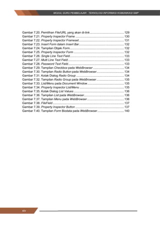 xiv
Gambar 7.20. Pemilihan File/URL yang akan di-link.........................................129
Gambar 7.21. Property Inspector Frame ..........................................................130
Gambar 7.22. Property Inspector Frameset......................................................131
Gambar 7.23. Insert Form dalam Insert Bar......................................................132
Gambar 7.24. Tampilan Objek Form.................................................................132
Gambar 7.25. Property Inspector Form ............................................................132
Gambar 7.26. Single Line Text Field.................................................................133
Gambar 7.27. Multi Line Text Field...................................................................133
Gambar 7.28. Password Text Field...................................................................133
Gambar 7.29. Tampilan Checkbox pada WebBrowser .....................................134
Gambar 7.30. Tampilan Radio Button pada WebBrowser.................................134
Gambar 7.31. Kotak Dialog Radio Group .........................................................134
Gambar 7.32. Tampilan Radio Group pada WebBrowser.................................135
Gambar 7.33. List/Menu pada Document Window............................................135
Gambar 7.34. Property Inspector List/Menu .....................................................135
Gambar 7.35. Kotak Dialog List Values ............................................................136
Gambar 7.36. Tampilan List pada WebBrowser................................................136
Gambar 7.37. Tampilan Menu pada WebBrowser ............................................136
Gambar 7.38. FileField .....................................................................................137
Gambar 7.39. Property Inspector Button ..........................................................137
Gambar 7.40. Tampilan Form Biodata pada WebBrowser................................ 140
xiv
Gambar 7.20. Pemilihan File/URL yang akan di-link.........................................129
Gambar 7.21. Property Inspector Frame ..........................................................130
Gambar 7.22. Property Inspector Frameset......................................................131
Gambar 7.23. Insert Form dalam Insert Bar......................................................132
Gambar 7.24. Tampilan Objek Form.................................................................132
Gambar 7.25. Property Inspector Form ............................................................132
Gambar 7.26. Single Line Text Field.................................................................133
Gambar 7.27. Multi Line Text Field...................................................................133
Gambar 7.28. Password Text Field...................................................................133
Gambar 7.29. Tampilan Checkbox pada WebBrowser .....................................134
Gambar 7.30. Tampilan Radio Button pada WebBrowser.................................134
Gambar 7.31. Kotak Dialog Radio Group .........................................................134
Gambar 7.32. Tampilan Radio Group pada WebBrowser.................................135
Gambar 7.33. List/Menu pada Document Window............................................135
Gambar 7.34. Property Inspector List/Menu .....................................................135
Gambar 7.35. Kotak Dialog List Values ............................................................136
Gambar 7.36. Tampilan List pada WebBrowser................................................136
Gambar 7.37. Tampilan Menu pada WebBrowser ............................................136
Gambar 7.38. FileField .....................................................................................137
Gambar 7.39. Property Inspector Button ..........................................................137
Gambar 7.40. Tampilan Form Biodata pada WebBrowser................................ 140
xiv
Gambar 7.20. Pemilihan File/URL yang akan di-link.........................................129
Gambar 7.21. Property Inspector Frame ..........................................................130
Gambar 7.22. Property Inspector Frameset......................................................131
Gambar 7.23. Insert Form dalam Insert Bar......................................................132
Gambar 7.24. Tampilan Objek Form.................................................................132
Gambar 7.25. Property Inspector Form ............................................................132
Gambar 7.26. Single Line Text Field.................................................................133
Gambar 7.27. Multi Line Text Field...................................................................133
Gambar 7.28. Password Text Field...................................................................133
Gambar 7.29. Tampilan Checkbox pada WebBrowser .....................................134
Gambar 7.30. Tampilan Radio Button pada WebBrowser.................................134
Gambar 7.31. Kotak Dialog Radio Group .........................................................134
Gambar 7.32. Tampilan Radio Group pada WebBrowser.................................135
Gambar 7.33. List/Menu pada Document Window............................................135
Gambar 7.34. Property Inspector List/Menu .....................................................135
Gambar 7.35. Kotak Dialog List Values ............................................................136
Gambar 7.36. Tampilan List pada WebBrowser................................................136
Gambar 7.37. Tampilan Menu pada WebBrowser ............................................136
Gambar 7.38. FileField .....................................................................................137
Gambar 7.39. Property Inspector Button ..........................................................137
Gambar 7.40. Tampilan Form Biodata pada WebBrowser................................ 140
 