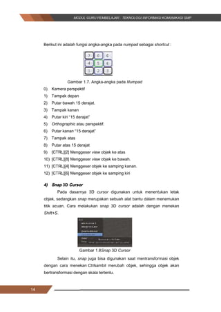 14
Berikut ini adalah fungsi angka-angka pada numpad sebagai shortcut :
Gambar 1.7. Angka-angka pada Numpad
0) Kamera perspektif
1) Tampak depan
2) Putar bawah 15 derajat.
3) Tampak kanan
4) Putar kiri “15 derajat”
5) Orthographic atau perspektif.
6) Putar kanan “15 derajat”
7) Tampak atas
8) Putar atas 15 derajat
9) [CTRL][2] Menggeser view objek ke atas
10) [CTRL][8] Menggeser view objek ke bawah.
11) [CTRL][4] Menggeser objek ke samping kanan.
12) [CTRL][6] Menggeser objek ke samping kiri
4) Snap 3D Cursor
Pada dasarnya 3D cursor digunakan untuk menentukan letak
objek, sedangkan snap merupakan sebuah alat bantu dalam menemukan
titik acuan. Cara melakukan snap 3D cursor adalah dengan menekan
Shift+S.
Gambar 1.8Snap 3D Cursor
Selain itu, snap juga bisa digunakan saat mentransformasi objek
dengan cara menekan Ctrlsambil merubah objek, sehingga objek akan
bertransformasi dengan skala tertentu.
14
Berikut ini adalah fungsi angka-angka pada numpad sebagai shortcut :
Gambar 1.7. Angka-angka pada Numpad
0) Kamera perspektif
1) Tampak depan
2) Putar bawah 15 derajat.
3) Tampak kanan
4) Putar kiri “15 derajat”
5) Orthographic atau perspektif.
6) Putar kanan “15 derajat”
7) Tampak atas
8) Putar atas 15 derajat
9) [CTRL][2] Menggeser view objek ke atas
10) [CTRL][8] Menggeser view objek ke bawah.
11) [CTRL][4] Menggeser objek ke samping kanan.
12) [CTRL][6] Menggeser objek ke samping kiri
4) Snap 3D Cursor
Pada dasarnya 3D cursor digunakan untuk menentukan letak
objek, sedangkan snap merupakan sebuah alat bantu dalam menemukan
titik acuan. Cara melakukan snap 3D cursor adalah dengan menekan
Shift+S.
Gambar 1.8Snap 3D Cursor
Selain itu, snap juga bisa digunakan saat mentransformasi objek
dengan cara menekan Ctrlsambil merubah objek, sehingga objek akan
bertransformasi dengan skala tertentu.
14
Berikut ini adalah fungsi angka-angka pada numpad sebagai shortcut :
Gambar 1.7. Angka-angka pada Numpad
0) Kamera perspektif
1) Tampak depan
2) Putar bawah 15 derajat.
3) Tampak kanan
4) Putar kiri “15 derajat”
5) Orthographic atau perspektif.
6) Putar kanan “15 derajat”
7) Tampak atas
8) Putar atas 15 derajat
9) [CTRL][2] Menggeser view objek ke atas
10) [CTRL][8] Menggeser view objek ke bawah.
11) [CTRL][4] Menggeser objek ke samping kanan.
12) [CTRL][6] Menggeser objek ke samping kiri
4) Snap 3D Cursor
Pada dasarnya 3D cursor digunakan untuk menentukan letak
objek, sedangkan snap merupakan sebuah alat bantu dalam menemukan
titik acuan. Cara melakukan snap 3D cursor adalah dengan menekan
Shift+S.
Gambar 1.8Snap 3D Cursor
Selain itu, snap juga bisa digunakan saat mentransformasi objek
dengan cara menekan Ctrlsambil merubah objek, sehingga objek akan
bertransformasi dengan skala tertentu.
 