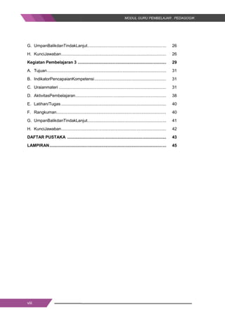 viii
G. UmpanBalikdanTindakLanjut................................................................... 26
H. KunciJawaban......................................................................................... 26
Kegiatan Pembelajaran 3 ........................................................................... 29
A. Tujuan..................................................................................................... 31
B. IndikatorPencapaianKompetensi............................................................. 31
C. Uraianmateri ........................................................................................... 31
D. AktivitasPembelajaran............................................................................. 38
E. Latihan/Tugas ......................................................................................... 40
F. Rangkuman............................................................................................. 40
G. UmpanBalikdanTindakLanjut................................................................... 41
H. KunciJawaban......................................................................................... 42
DAFTAR PUSTAKA .................................................................................... 43
LAMPIRAN................................................................................................... 45
viii
G. UmpanBalikdanTindakLanjut................................................................... 26
H. KunciJawaban......................................................................................... 26
Kegiatan Pembelajaran 3 ........................................................................... 29
A. Tujuan..................................................................................................... 31
B. IndikatorPencapaianKompetensi............................................................. 31
C. Uraianmateri ........................................................................................... 31
D. AktivitasPembelajaran............................................................................. 38
E. Latihan/Tugas ......................................................................................... 40
F. Rangkuman............................................................................................. 40
G. UmpanBalikdanTindakLanjut................................................................... 41
H. KunciJawaban......................................................................................... 42
DAFTAR PUSTAKA .................................................................................... 43
LAMPIRAN................................................................................................... 45
viii
G. UmpanBalikdanTindakLanjut................................................................... 26
H. KunciJawaban......................................................................................... 26
Kegiatan Pembelajaran 3 ........................................................................... 29
A. Tujuan..................................................................................................... 31
B. IndikatorPencapaianKompetensi............................................................. 31
C. Uraianmateri ........................................................................................... 31
D. AktivitasPembelajaran............................................................................. 38
E. Latihan/Tugas ......................................................................................... 40
F. Rangkuman............................................................................................. 40
G. UmpanBalikdanTindakLanjut................................................................... 41
H. KunciJawaban......................................................................................... 42
DAFTAR PUSTAKA .................................................................................... 43
LAMPIRAN................................................................................................... 45
 