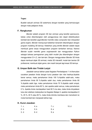 21
Tugas:
Buatlah sebuah animasi 3D sederhana dengan karakter yang berhubungan
dengan mata pelajaran Anda.
F. Rangkuman
Blender adalah program 3D dan animasi yang bersifat opensource,
bebas untuk dikembangkan oleh penggunanya dan dapat didistribusikan
kembali dan bersifat Legal.Blender memiliki video compositor dan intergrated
game engine. Blender mempunyai kelebihan tersendiri dibandingkan dengan
program modeling 3D lainnya. Kelebihan yang dimiliki Blender adalah dapat
membuat game tanpa menggunakan program tambahan lainnya, Karena
Blender sudah memiliki game enginesendiri dan menggunakan Python
sebagai bahasa pemograman yang lebih mudah jika dibandingkan dengan
menggunakan C++,C, dan lain-lain. Dengan menggunakan Blender 3D Anda
dapat membuat objek 3D animasi, media 3D interaktif, model dan bentuk 3D
profesional, membuat objek game, dan masih banyak lagi kreasi 3D lainnya.
G. Umpan Balik dan Tindak Lanjut
Jawablah semua latihan pada Kegiatan Pembelajaran 1 ini.Kemudian
cocokkan jawaban Anda dengan kunci jawaban dan nilai hasilnya.Apabila
benar semua, maka pemahaman Anda 100 %.Apabila salah satu, maka
pemahaman Anda 90 %.Apabila salah dua, maka pemahaman Anda 80
%.Apabila salah tiga, maka pemahaman Anda 70 %.Apabila salah empat,
maka pemahaman Anda 60 %, dan apabila salah semua, maka pemahaman
0 %. Apabila Anda mendapatkan hasil 80 % ke atas, maka Anda dinyatakan
lulus dan silahkan melanjutkan ke Kegiatan Belajar 2, apabila mendapatkan 0
%, 25 %, 40 % atau 60 %, maka Anda diminta membaca dan memahami isi
modul kembali dan menjawab latihan lagi.
H. Kunci Jawaban
1. c 4. a 7. c 10. d
2. b 5. b 8. a
3. d 6. d 9. a
21
Tugas:
Buatlah sebuah animasi 3D sederhana dengan karakter yang berhubungan
dengan mata pelajaran Anda.
F. Rangkuman
Blender adalah program 3D dan animasi yang bersifat opensource,
bebas untuk dikembangkan oleh penggunanya dan dapat didistribusikan
kembali dan bersifat Legal.Blender memiliki video compositor dan intergrated
game engine. Blender mempunyai kelebihan tersendiri dibandingkan dengan
program modeling 3D lainnya. Kelebihan yang dimiliki Blender adalah dapat
membuat game tanpa menggunakan program tambahan lainnya, Karena
Blender sudah memiliki game enginesendiri dan menggunakan Python
sebagai bahasa pemograman yang lebih mudah jika dibandingkan dengan
menggunakan C++,C, dan lain-lain. Dengan menggunakan Blender 3D Anda
dapat membuat objek 3D animasi, media 3D interaktif, model dan bentuk 3D
profesional, membuat objek game, dan masih banyak lagi kreasi 3D lainnya.
G. Umpan Balik dan Tindak Lanjut
Jawablah semua latihan pada Kegiatan Pembelajaran 1 ini.Kemudian
cocokkan jawaban Anda dengan kunci jawaban dan nilai hasilnya.Apabila
benar semua, maka pemahaman Anda 100 %.Apabila salah satu, maka
pemahaman Anda 90 %.Apabila salah dua, maka pemahaman Anda 80
%.Apabila salah tiga, maka pemahaman Anda 70 %.Apabila salah empat,
maka pemahaman Anda 60 %, dan apabila salah semua, maka pemahaman
0 %. Apabila Anda mendapatkan hasil 80 % ke atas, maka Anda dinyatakan
lulus dan silahkan melanjutkan ke Kegiatan Belajar 2, apabila mendapatkan 0
%, 25 %, 40 % atau 60 %, maka Anda diminta membaca dan memahami isi
modul kembali dan menjawab latihan lagi.
H. Kunci Jawaban
1. c 4. a 7. c 10. d
2. b 5. b 8. a
3. d 6. d 9. a
21
Tugas:
Buatlah sebuah animasi 3D sederhana dengan karakter yang berhubungan
dengan mata pelajaran Anda.
F. Rangkuman
Blender adalah program 3D dan animasi yang bersifat opensource,
bebas untuk dikembangkan oleh penggunanya dan dapat didistribusikan
kembali dan bersifat Legal.Blender memiliki video compositor dan intergrated
game engine. Blender mempunyai kelebihan tersendiri dibandingkan dengan
program modeling 3D lainnya. Kelebihan yang dimiliki Blender adalah dapat
membuat game tanpa menggunakan program tambahan lainnya, Karena
Blender sudah memiliki game enginesendiri dan menggunakan Python
sebagai bahasa pemograman yang lebih mudah jika dibandingkan dengan
menggunakan C++,C, dan lain-lain. Dengan menggunakan Blender 3D Anda
dapat membuat objek 3D animasi, media 3D interaktif, model dan bentuk 3D
profesional, membuat objek game, dan masih banyak lagi kreasi 3D lainnya.
G. Umpan Balik dan Tindak Lanjut
Jawablah semua latihan pada Kegiatan Pembelajaran 1 ini.Kemudian
cocokkan jawaban Anda dengan kunci jawaban dan nilai hasilnya.Apabila
benar semua, maka pemahaman Anda 100 %.Apabila salah satu, maka
pemahaman Anda 90 %.Apabila salah dua, maka pemahaman Anda 80
%.Apabila salah tiga, maka pemahaman Anda 70 %.Apabila salah empat,
maka pemahaman Anda 60 %, dan apabila salah semua, maka pemahaman
0 %. Apabila Anda mendapatkan hasil 80 % ke atas, maka Anda dinyatakan
lulus dan silahkan melanjutkan ke Kegiatan Belajar 2, apabila mendapatkan 0
%, 25 %, 40 % atau 60 %, maka Anda diminta membaca dan memahami isi
modul kembali dan menjawab latihan lagi.
H. Kunci Jawaban
1. c 4. a 7. c 10. d
2. b 5. b 8. a
3. d 6. d 9. a
 