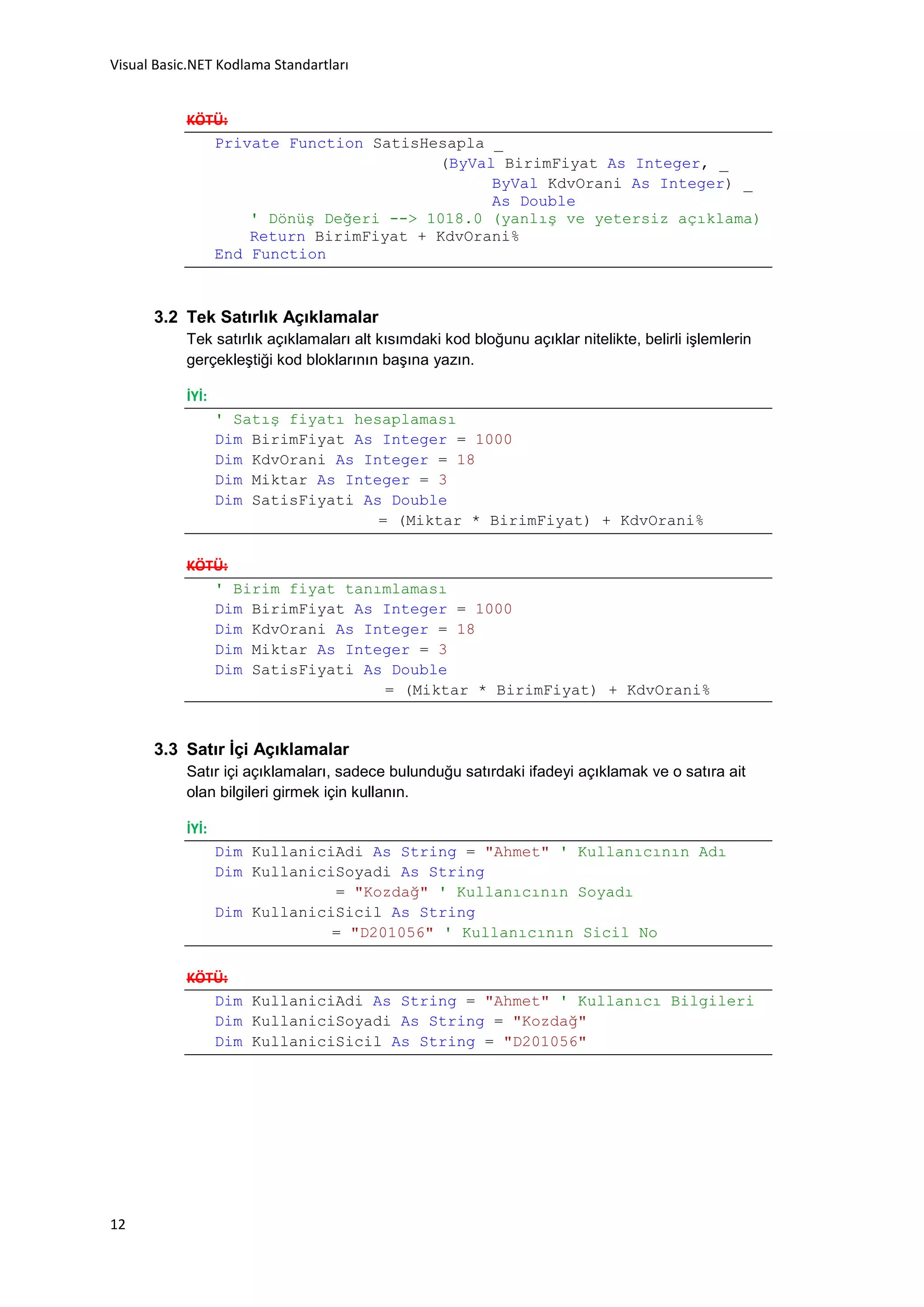 Visual Basic.NET Kodlama Standartları


           KÖTÜ:
              Private Function SatisHesapla _
                                      (ByVal BirimFiyat As Integer, _
                                            ByVal KdvOrani As Integer) _
                                            As Double
                  ' Dönüş Değeri --> 1018.0 (yanlış ve yetersiz açıklama)
                  Return BirimFiyat + KdvOrani%
              End Function



      3.2 Tek Satırlık Açıklamalar
           Tek satırlık açıklamaları alt kısımdaki kod bloğunu açıklar nitelikte, belirli işlemlerin
           gerçekleştiği kod bloklarının başına yazın.

           İYİ:
                  ' Satış fiyatı hesaplaması
                  Dim BirimFiyat As Integer = 1000
                  Dim KdvOrani As Integer = 18
                  Dim Miktar As Integer = 3
                  Dim SatisFiyati As Double
                                    = (Miktar * BirimFiyat) + KdvOrani%

           KÖTÜ:
              ' Birim fiyat tanımlaması
              Dim BirimFiyat As Integer = 1000
              Dim KdvOrani As Integer = 18
              Dim Miktar As Integer = 3
              Dim SatisFiyati As Double
                                = (Miktar * BirimFiyat) + KdvOrani%


      3.3 Satır İçi Açıklamalar
           Satır içi açıklamaları, sadece bulunduğu satırdaki ifadeyi açıklamak ve o satıra ait
           olan bilgileri girmek için kullanın.

           İYİ:
                  Dim KullaniciAdi As String = "Ahmet" ' Kullanıcının Adı
                  Dim KullaniciSoyadi As String
                               = "Kozdağ" ' Kullanıcının Soyadı
                  Dim KullaniciSicil As String
                               = "D201056" ' Kullanıcının Sicil No

           KÖTÜ:
              Dim KullaniciAdi As String = "Ahmet" ' Kullanıcı Bilgileri
              Dim KullaniciSoyadi As String = "Kozdağ"
              Dim KullaniciSicil As String = "D201056"




12
 