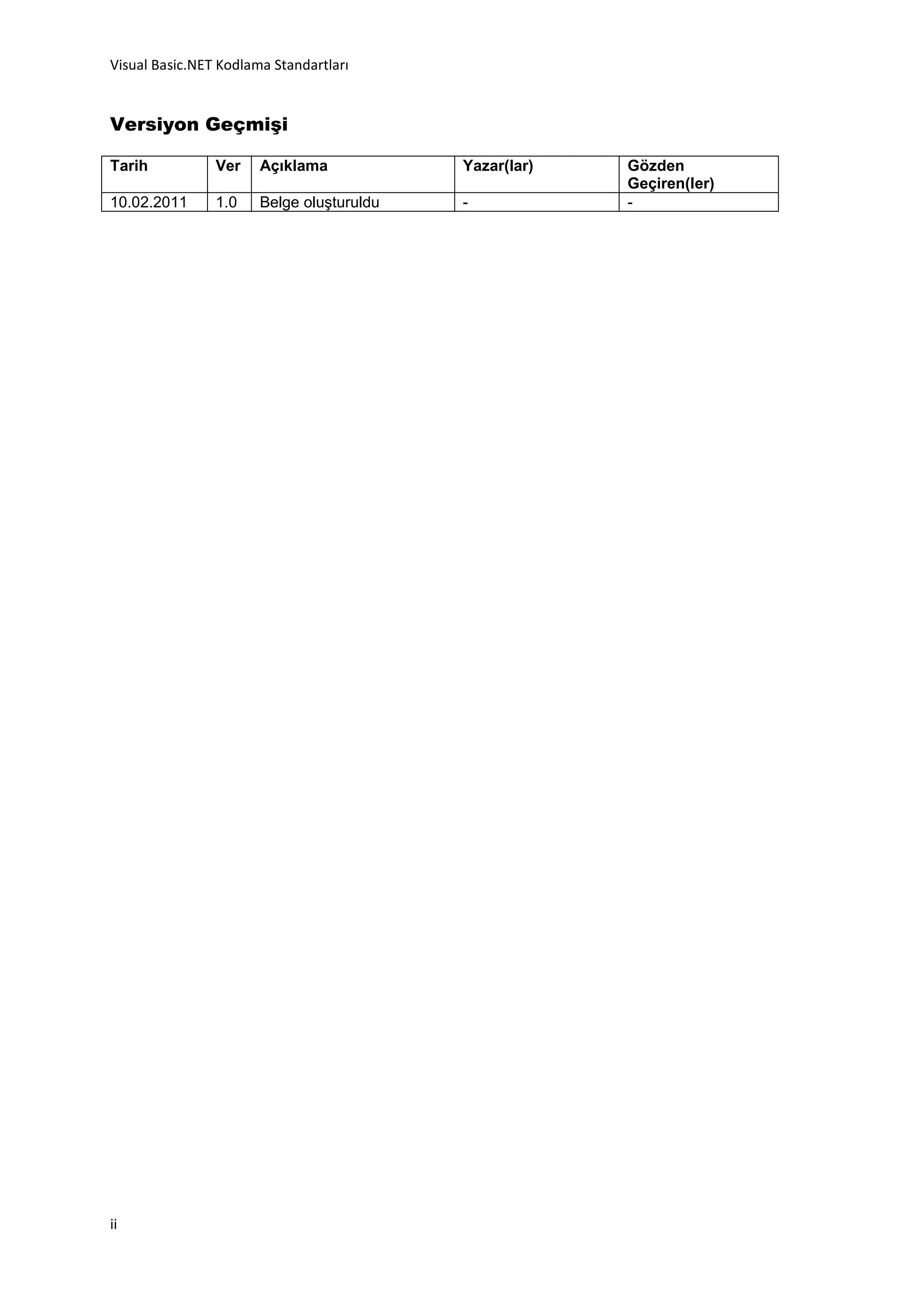 Visual Basic.NET Kodlama Standartları


Versiyon Geçmişi

Tarih           Ver    Açıklama            Yazar(lar)   Gözden
                                                        Geçiren(ler)
10.02.2011      1.0    Belge oluşturuldu   -            -




ii
 