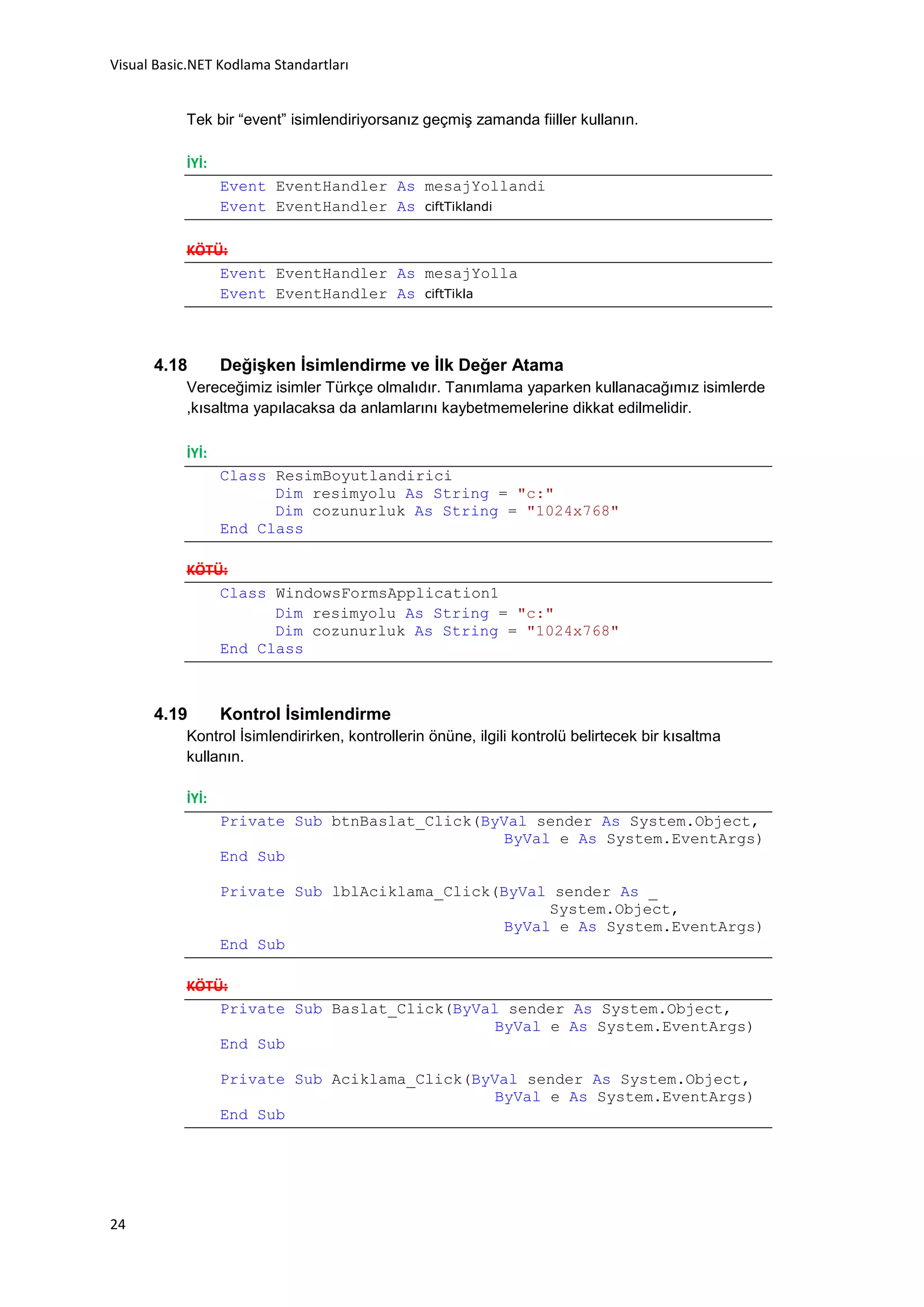 Visual Basic.NET Kodlama Standartları


           Tek bir “event” isimlendiriyorsanız geçmiş zamanda fiiller kullanın.

           İYİ:
                  Event EventHandler As mesajYollandi
                  Event EventHandler As ciftTiklandi

           KÖTÜ:
               Event EventHandler As mesajYolla
               Event EventHandler As ciftTikla



      4.18        Değişken İsimlendirme ve İlk Değer Atama
           Vereceğimiz isimler Türkçe olmalıdır. Tanımlama yaparken kullanacağımız isimlerde
           ,kısaltma yapılacaksa da anlamlarını kaybetmemelerine dikkat edilmelidir.

           İYİ:
                  Class ResimBoyutlandirici
                        Dim resimyolu As String = "c:"
                        Dim cozunurluk As String = "1024x768"
                  End Class

           KÖTÜ:
               Class WindowsFormsApplication1
                     Dim resimyolu As String = "c:"
                     Dim cozunurluk As String = "1024x768"
               End Class



      4.19        Kontrol İsimlendirme
           Kontrol İsimlendirirken, kontrollerin önüne, ilgili kontrolü belirtecek bir kısaltma
           kullanın.

           İYİ:
                  Private Sub btnBaslat_Click(ByVal sender As System.Object,
                                                 ByVal e As System.EventArgs)
                  End Sub

                  Private Sub lblAciklama_Click(ByVal sender As _
                                                      System.Object,
                                                 ByVal e As System.EventArgs)
                  End Sub

           KÖTÜ:
               Private Sub Baslat_Click(ByVal sender As System.Object,
                                             ByVal e As System.EventArgs)
               End Sub

                  Private Sub Aciklama_Click(ByVal sender As System.Object,
                                                ByVal e As System.EventArgs)
                  End Sub




24
 