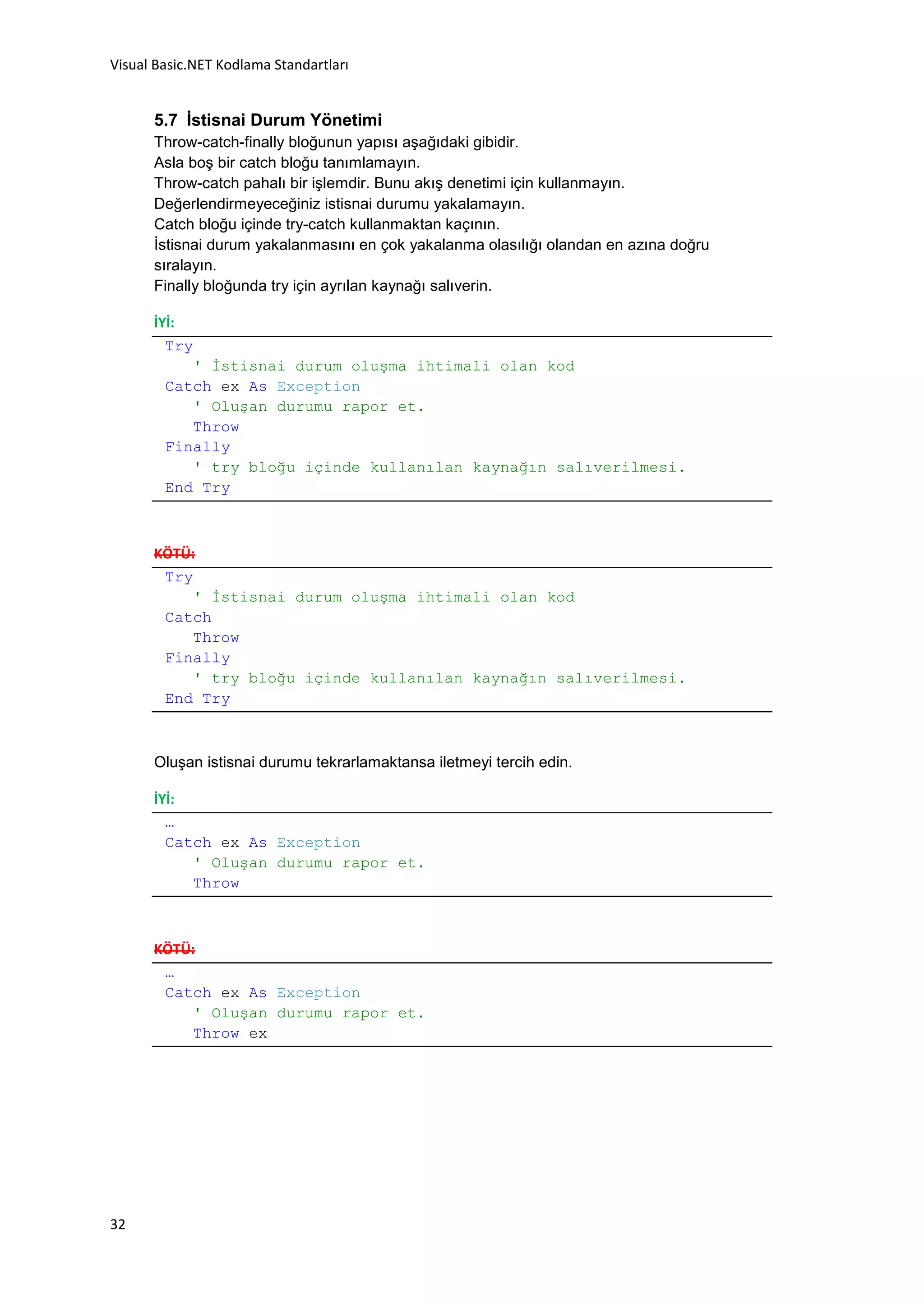 Visual Basic.NET Kodlama Standartları


      5.7 İstisnai Durum Yönetimi
      Throw-catch-finally bloğunun yapısı aşağıdaki gibidir.
      Asla boş bir catch bloğu tanımlamayın.
      Throw-catch pahalı bir işlemdir. Bunu akış denetimi için kullanmayın.
      Değerlendirmeyeceğiniz istisnai durumu yakalamayın.
      Catch bloğu içinde try-catch kullanmaktan kaçının.
      İstisnai durum yakalanmasını en çok yakalanma olasılığı olandan en azına doğru
      sıralayın.
      Finally bloğunda try için ayrılan kaynağı salıverin.

      İYİ:
        Try
           ' Đstisnai durum oluşma ihtimali olan kod
        Catch ex As Exception
           ' Oluşan durumu rapor et.
           Throw
        Finally
           ' try bloğu içinde kullanılan kaynağın salıverilmesi.
        End Try



      KÖTÜ:
       Try
           ' Đstisnai durum oluşma ihtimali olan kod
       Catch
           Throw
       Finally
           ' try bloğu içinde kullanılan kaynağın salıverilmesi.
       End Try



      Oluşan istisnai durumu tekrarlamaktansa iletmeyi tercih edin.

      İYİ:
        …
        Catch ex As Exception
           ' Oluşan durumu rapor et.
           Throw



      KÖTÜ:
       …
       Catch ex As Exception
           ' Oluşan durumu rapor et.
           Throw ex




32
 