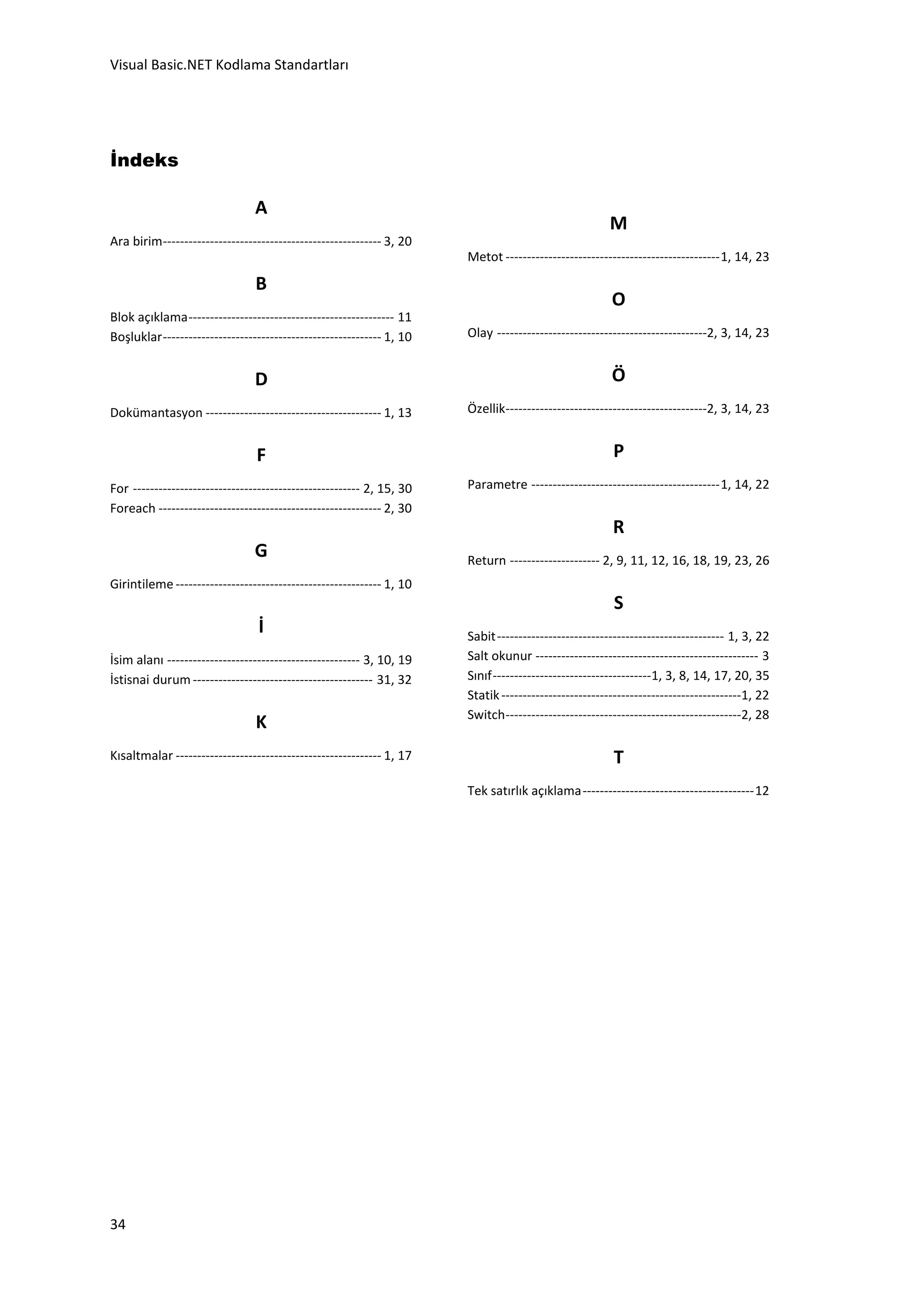 Visual Basic.NET Kodlama Standartları




Đndeks

                                A
                                                                                                      M
Ara birim--------------------------------------------------- 3, 20
                                                                      Metot -------------------------------------------------- 1, 14, 23

                                B
                                                                                                      O
Blok açıklama ------------------------------------------------ 11
Boşluklar --------------------------------------------------- 1, 10   Olay -------------------------------------------------2, 3, 14, 23


                                D                                                                     Ö
Dokümantasyon ----------------------------------------- 1, 13         Özellik-----------------------------------------------2, 3, 14, 23


                                F                                                                     P
For ----------------------------------------------------- 2, 15, 30   Parametre -------------------------------------------- 1, 14, 22
Foreach ---------------------------------------------------- 2, 30
                                                                                                      R
                                G                                     Return --------------------- 2, 9, 11, 12, 16, 18, 19, 23, 26
Girintileme ------------------------------------------------ 1, 10
                                                                                                      S
                                İ                                     Sabit ----------------------------------------------------- 1, 3, 22
İsim alanı --------------------------------------------- 3, 10, 19    Salt okunur ---------------------------------------------------- 3
İstisnai durum ------------------------------------------ 31, 32      Sınıf -------------------------------------1, 3, 8, 14, 17, 20, 35
                                                                      Statik --------------------------------------------------------1, 22
                                                                      Switch -------------------------------------------------------2, 28
                                K
Kısaltmalar ------------------------------------------------ 1, 17                                    T
                                                                      Tek satırlık açıklama ---------------------------------------- 12




34
 