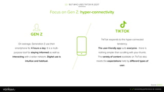 Focus on Gen Z: hyper-connectivity
31
On average, Generation Z use their
smartphone for 4 hours a day. It is a multi-
purp...