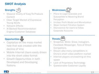DRIVING TRANSFORMATION FOR MARKETERS & THEIR AGENCIES
SWOT Analysis
13
Strengths Weaknesses
Opportunities Threats
• Massive Virality of Easy-To-Produce
Content
• Clear Target Market of Expressive
Young Adults
• Network Effects
• AI Backed Recommendation
Engine/Customer Database
• Capitalize on the mass market
hole that was created with the
decline of Vine
• Mobile Internet Users easily driven
into the short video format
• Growth Opportunities in both
Developed and Developing
Nations
• Snapchat. Wickr. Snow. Instagram.
Facebook Messenger. Tons of Direct
Competitors.
• Douyin also many competitors in
China’s short video platform market
• Internet players encroaching on this
space
• Lack of Proprietary Technology
• Questionable Customer Loyalty
• Prone to Legal Scandals and
Susceptible to Wavering Brand
Perception
• Unclear Profit Model and Monetization
• Weak Content Filtration System
• Disincentive for Users to follow
Corporate Accounts
 