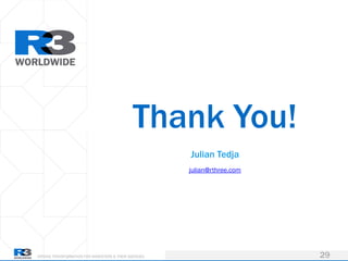 Thank You!
DRIVING TRANSFORMATION FOR MARKETERS & THEIR AGENCIES
Julian Tedja
29
julian@rthree.com
 