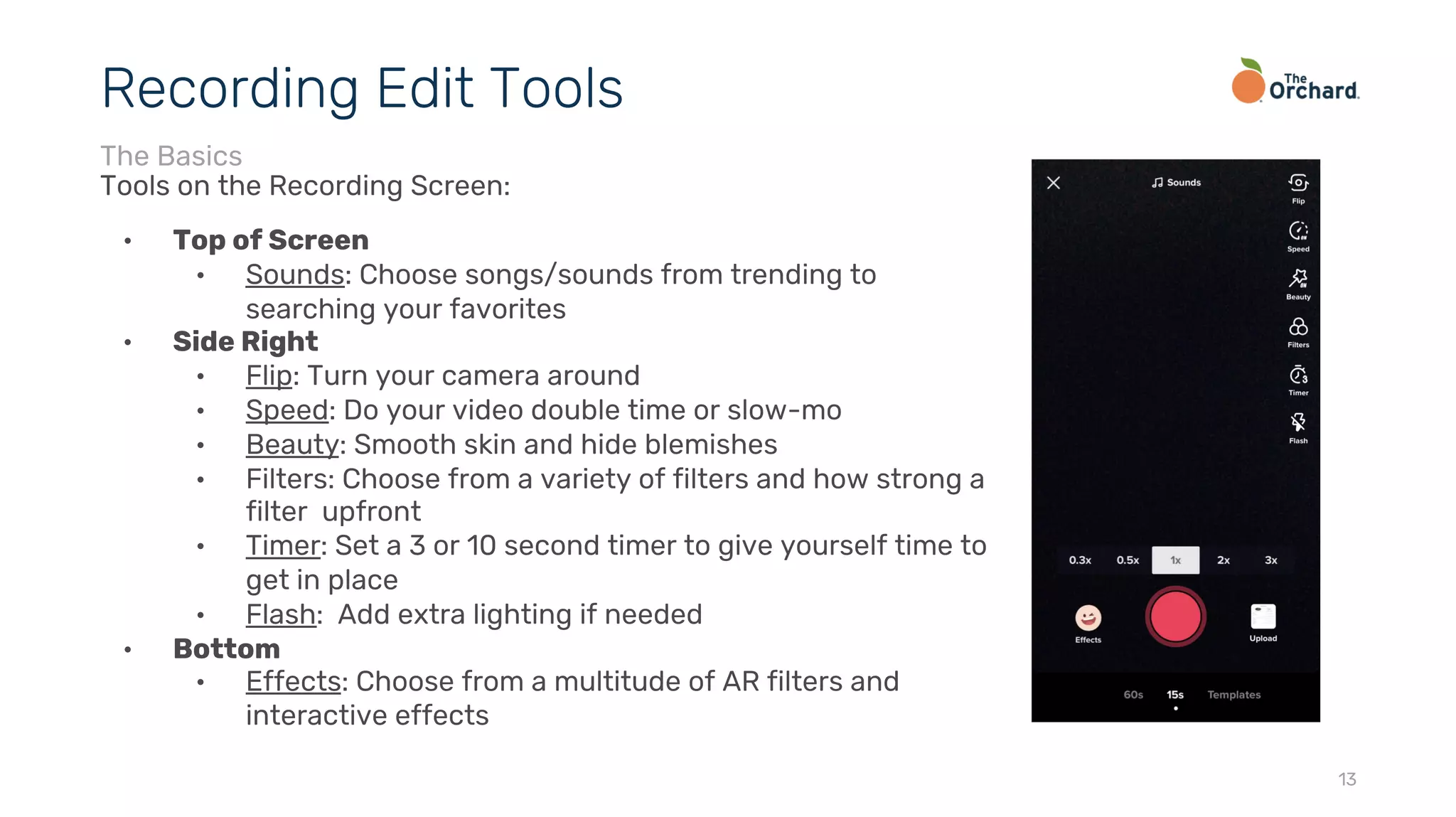 Tools on the Recording Screen:
• Top of Screen
• Sounds: Choose songs/sounds from trending to
searching your favorites
• Side Right
• Flip: Turn your camera around
• Speed: Do your video double time or slow-mo
• Beauty: Smooth skin and hide blemishes
• Filters: Choose from a variety of filters and how strong a
filter upfront
• Timer: Set a 3 or 10 second timer to give yourself time to
get in place
• Flash: Add extra lighting if needed
• Bottom
• Effects: Choose from a multitude of AR filters and
interactive effects
13
Recording Edit Tools
The Basics
 
