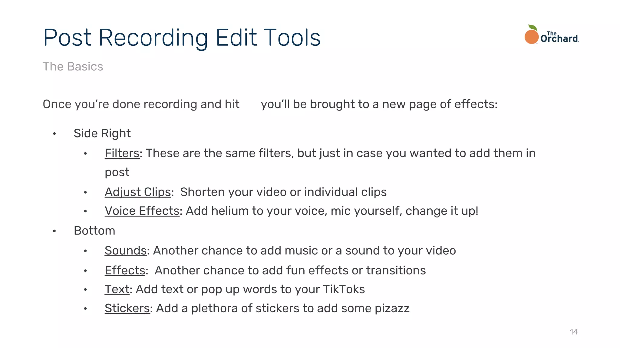 Once you’re done recording and hit you’ll be brought to a new page of effects:
• Side Right
• Filters: These are the same filters, but just in case you wanted to add them in
post
• Adjust Clips: Shorten your video or individual clips
• Voice Effects: Add helium to your voice, mic yourself, change it up!
• Bottom
• Sounds: Another chance to add music or a sound to your video
• Effects: Another chance to add fun effects or transitions
• Text: Add text or pop up words to your TikToks
• Stickers: Add a plethora of stickers to add some pizazz
14
Post Recording Edit Tools
The Basics
 