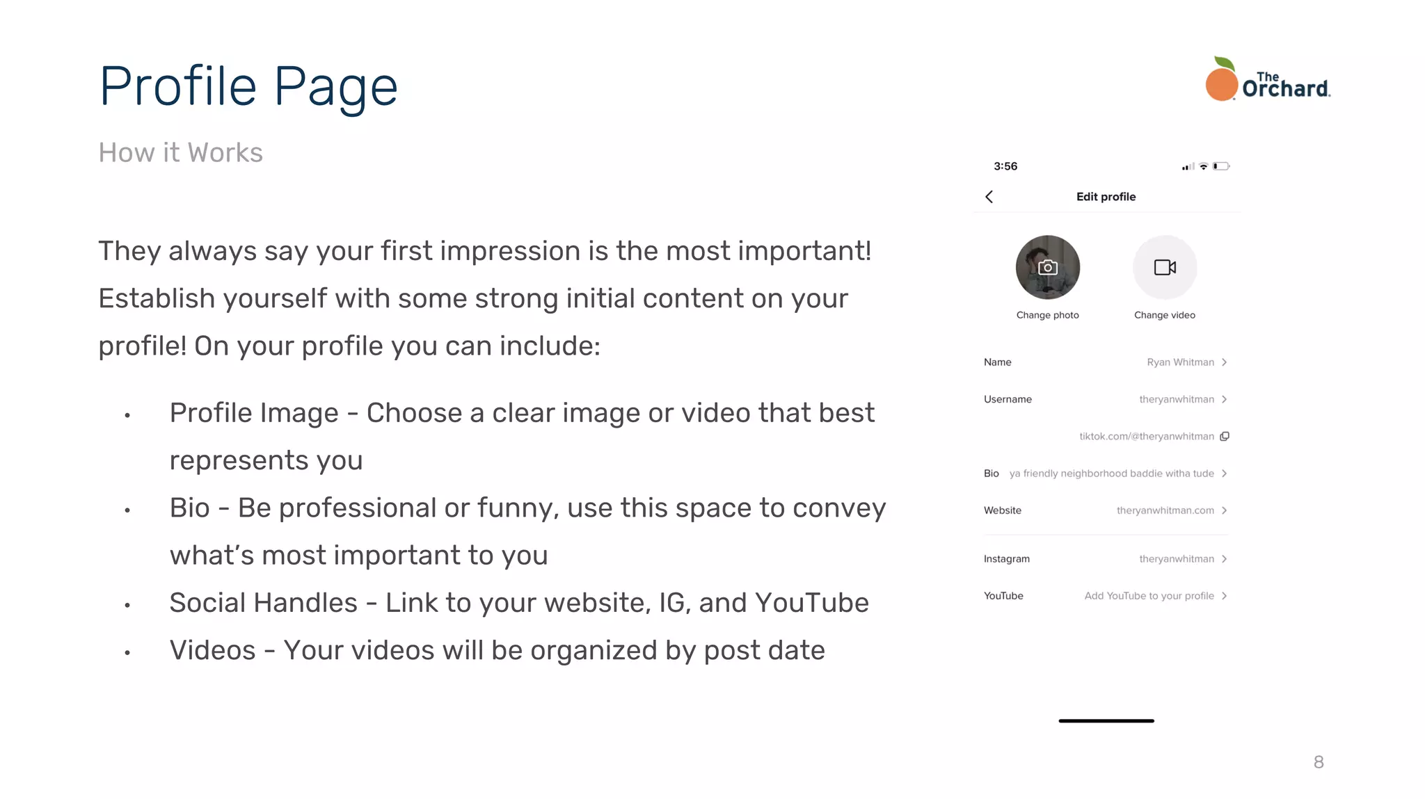 They always say your first impression is the most important!
Establish yourself with some strong initial content on your
profile! On your profile you can include:
• Profile Image - Choose a clear image or video that best
represents you
• Bio - Be professional or funny, use this space to convey
what’s most important to you
• Social Handles - Link to your website, IG, and YouTube
• Videos - Your videos will be organized by post date
8
Profile Page
How it Works
 