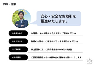 1.お申し込み
2.ヒアリング
3.ご契約書
4.商品提供
約束・信頼
安心・安全なお取引を
推進いたします。
お電話、メール等々からお気軽にご連絡ください
御社のお悩み、ご希望のプランをお聞かせください
双方協議の上、ご契約書捺印(Web上で完結)
ご契約書締結から~14日以内の発送をお願いいたします
 
