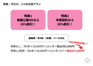 特典1
実績公開OKなら
10%割引！
特典2
年間契約なら
20%割引！
価格例：月4本、1年間、ベースのみ
特典：今だけ、2つのお得プラン
特典なし：月4本×20,000円×12ヶ月＝税込960,000円
特典1,2使用：月4本×20,000円×12ヶ月×0.7＝税込672,000円
288,000円お得に！
 