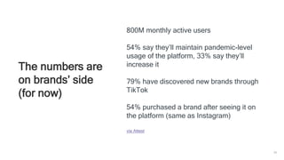 26
The numbers are
on brands’ side
(for now)
800M monthly active users
54% say they’ll maintain pandemic-level
usage of the platform, 33% say they’ll
increase it
79% have discovered new brands through
TikTok
54% purchased a brand after seeing it on
the platform (same as Instagram)
via Attest
 