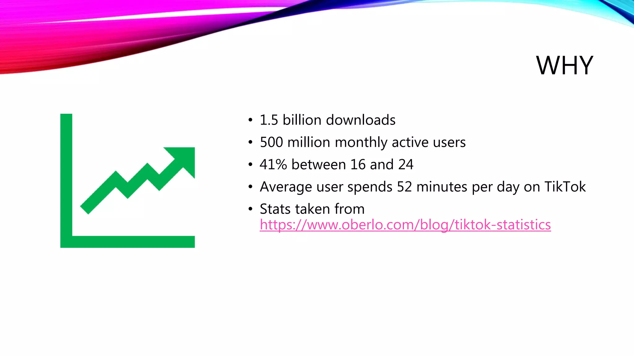 WHY
• 1.5 billion downloads
• 500 million monthly active users
• 41% between 16 and 24
• Average user spends 52 minutes per day on TikTok
• Stats taken from
https://www.oberlo.com/blog/tiktok-statistics
 
