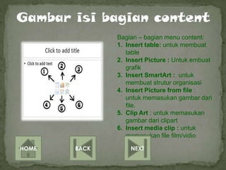 Bagian – bagian menu content:
              1. Insert table: untuk membuat
                 table
              2. Insert Picture : Untuk embuat
                 grafik
              3. Insert SmartArt : untuk
                 membuat strutur organisasi
              4. Insert Picture from file :
                 untuk memasukan gambar dari
                 file.
              5. Clip Art : untuk memasukan
                 gambar dari clipart
              6. Insert media clip : untuk
                 memasukan file film/vidio

HOME   BACK       NEXT
 