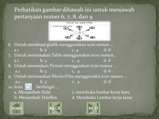 Perhatikan gambar dibawah ini untuk menjawab
  pertanyaan nomer 6, 7, 8, dan 9



6. Untuk membuat grafik menggunakan icon nomor …
    a.1        b. 2          c. 4           d. 6
7. Untuk memasukan Table menggunakan icon nomor…
    a.1        b. 3          c. 4           d. 6
8. Untuk memsukan Picture menggunkan icon nomor …
     a.1       b. 3          c. 4           d. 6
9. Untuk memasukan Movie/Film menggunakn icon nomor …
     a.1       b. 3          c. 4           d. 6
10. Icon     berfungsi …
    a. Menambah Slide        c. membuka lembar kerja baru
    b. Menambah TeksBox      d. Membuka Lembar kerja lama

 HOME              BACK             NEXT
 