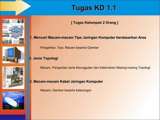 Tugas KD 1.1
                         [ Tugas Kelompok 2 Orang ]



1. Mencari Macam-macam Tipe Jaringan Komputer berdasarkan Area

      Pengertian, Tipe, Macam beserta Gambar


2. Jenis Topologi

      Macam, Pengertian serta Keunggulan dan Kelemahan Masing-masing Topologi



3. Macam-macam Kabel Jaringan Komputer

      Macam, Gambar beserta keterangan
 