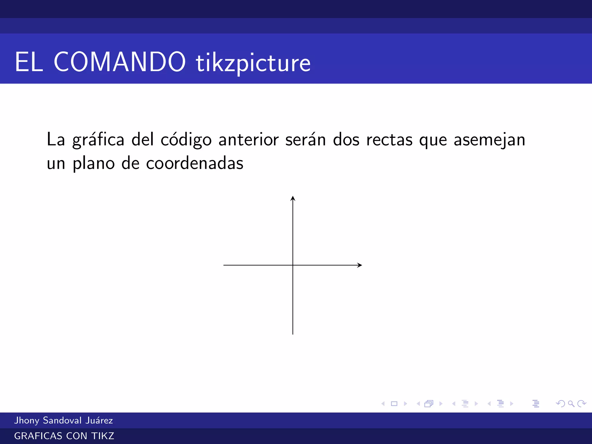 EL COMANDO tikzpicture
La gr´aﬁca del c´odigo anterior ser´an dos rectas que asemejan
un plano de coordenadas
Jhony Sandoval Ju´arez
GRAFICAS CON TIKZ
 