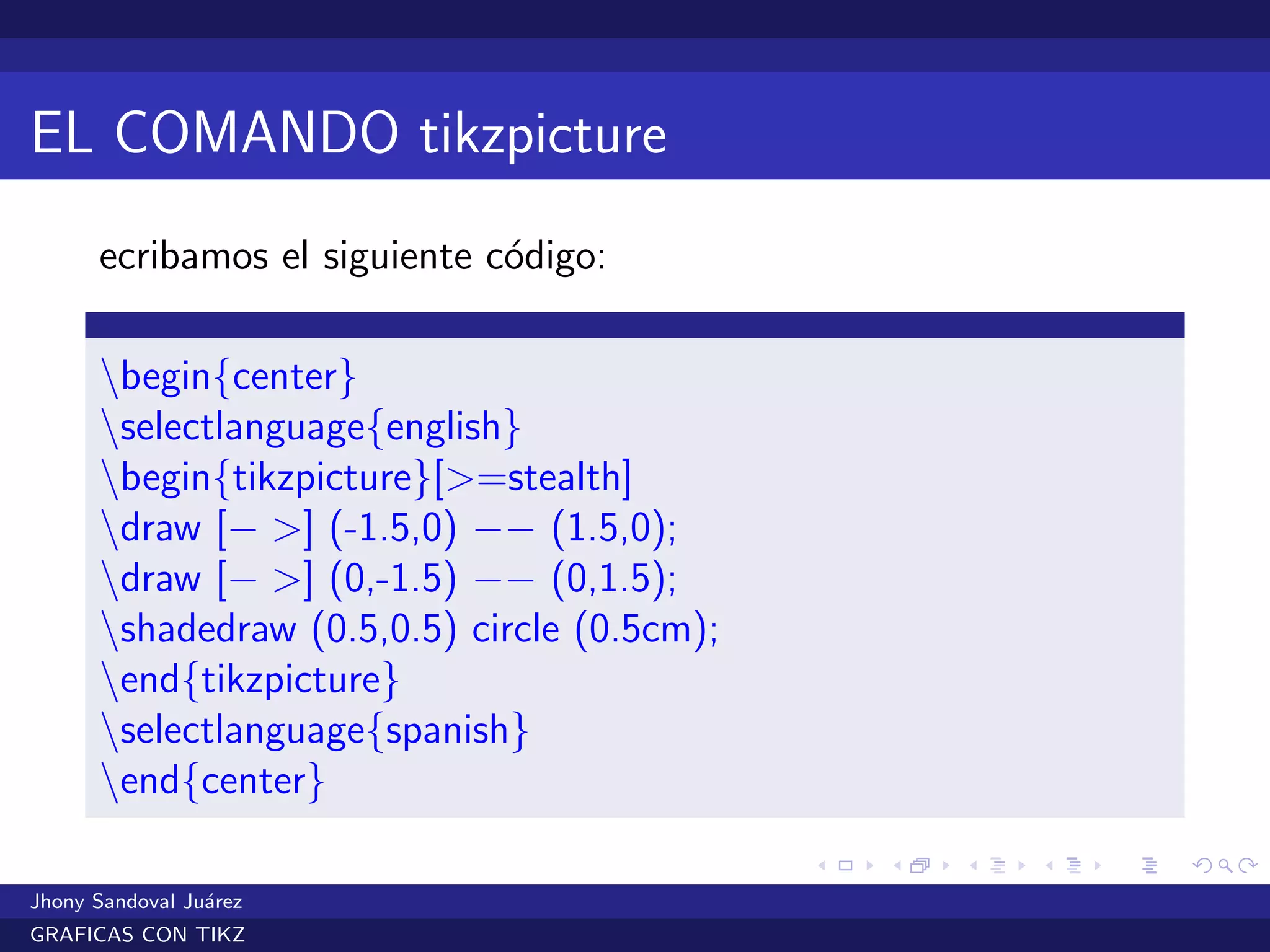 EL COMANDO tikzpicture
ecribamos el siguiente c´odigo:
begin{center}
selectlanguage{english}
begin{tikzpicture}[>=stealth]
draw [− >] (-1.5,0) −− (1.5,0);
draw [− >] (0,-1.5) −− (0,1.5);
shadedraw (0.5,0.5) circle (0.5cm);
end{tikzpicture}
selectlanguage{spanish}
end{center}
Jhony Sandoval Ju´arez
GRAFICAS CON TIKZ
 