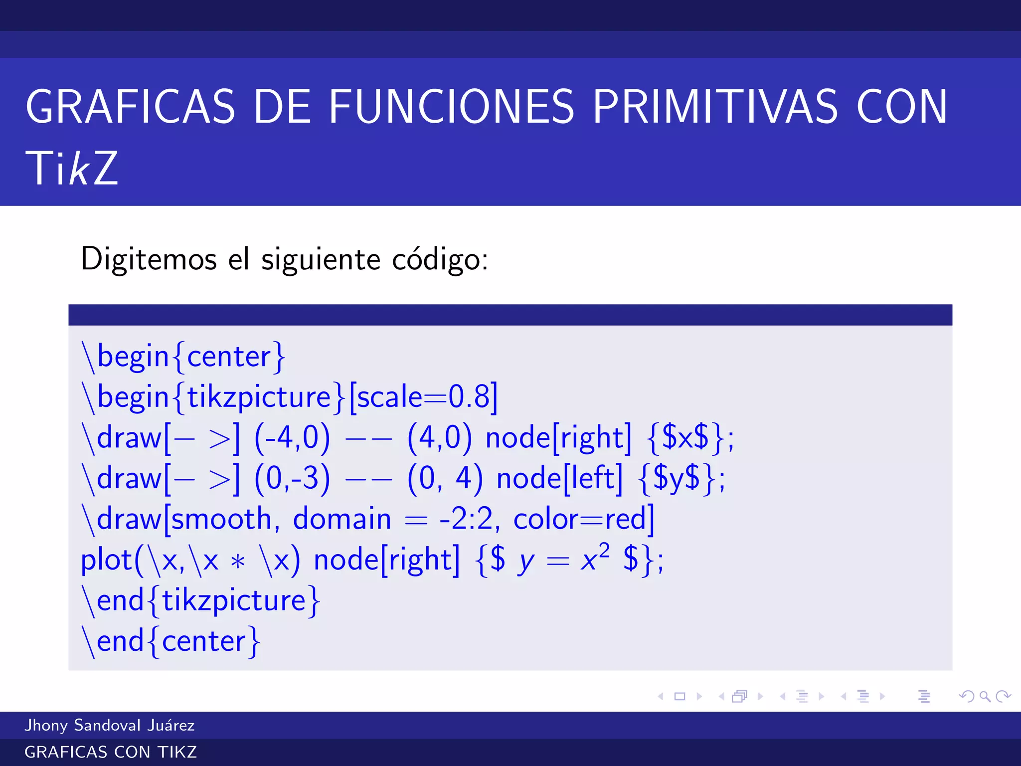 GRAFICAS DE FUNCIONES PRIMITIVAS CON
TikZ
Digitemos el siguiente c´odigo:
begin{center}
begin{tikzpicture}[scale=0.8]
draw[− >] (-4,0) −− (4,0) node[right] {$x$};
draw[− >] (0,-3) −− (0, 4) node[left] {$y$};
draw[smooth, domain = -2:2, color=red]
plot(x,x ∗ x) node[right] {$ y = x2
$};
end{tikzpicture}
end{center}
Jhony Sandoval Ju´arez
GRAFICAS CON TIKZ
 